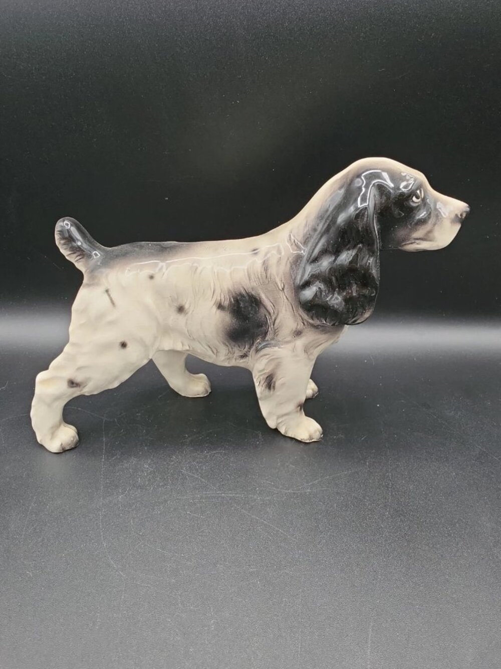 Vintage Porcelain Glazed Ceramic Dog Figurine Cocker Spaniel Black & White